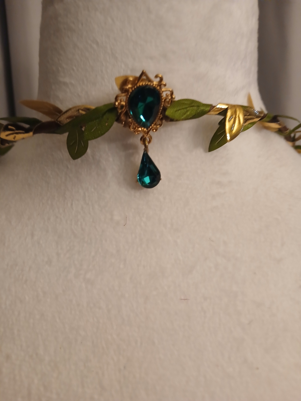 Gold Leaf Crown Necklace with Teardrop Emerald Crystal Festival Fairycore